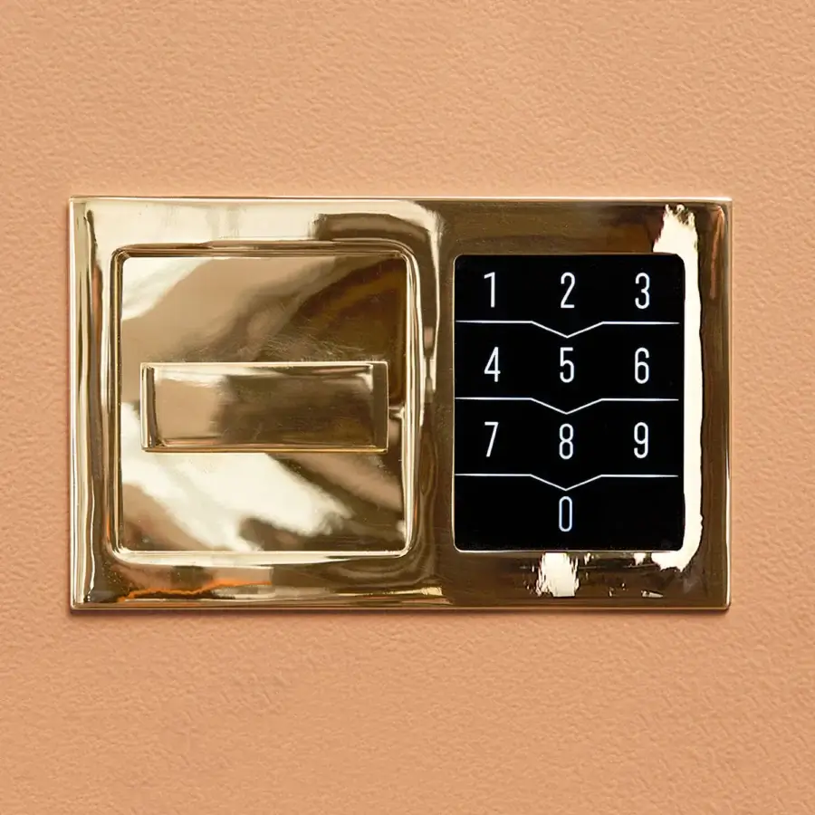 Luxury Agresti Gioia Moderno armoire with secure numeric keypad and polished gold toned metal frame for safe storage