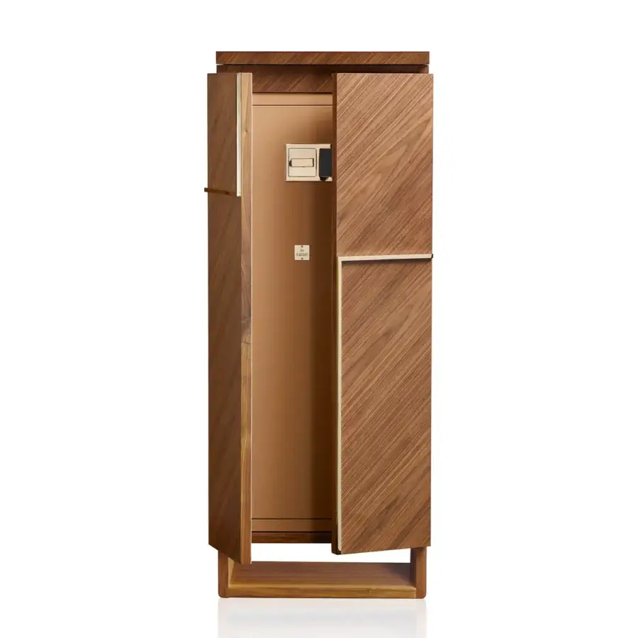 Sophisticated Agresti Gioia Moderno armoire in medium-brown wood with diagonal grain patterns and champagne-gold accents