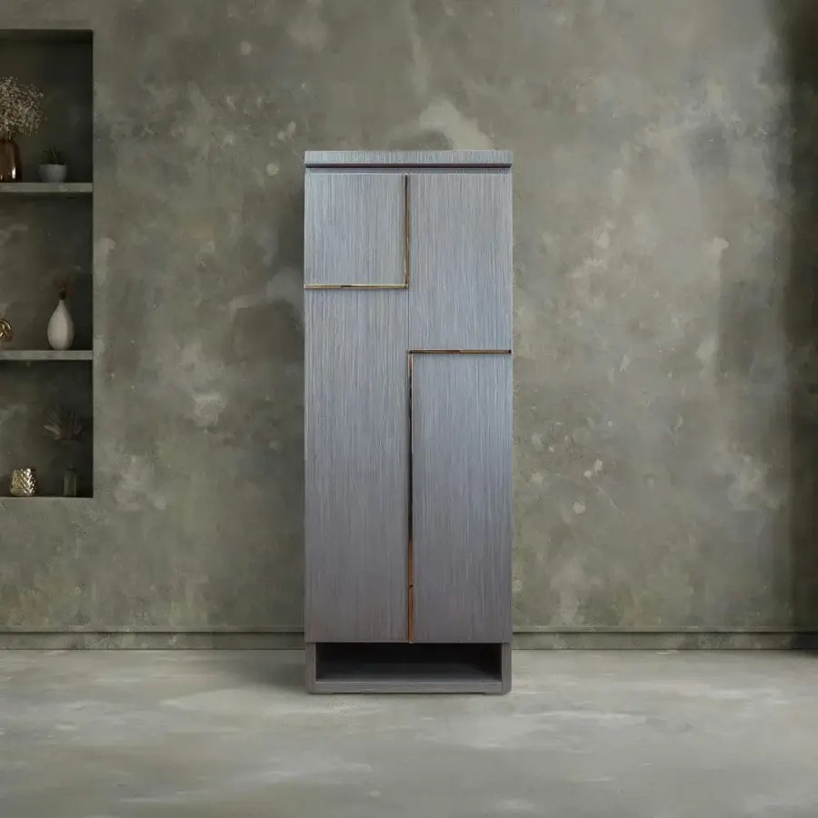 Luxury Agresti Gioia Moderno armoire in cool muted grey wood with warm brass gold linear handles and safe