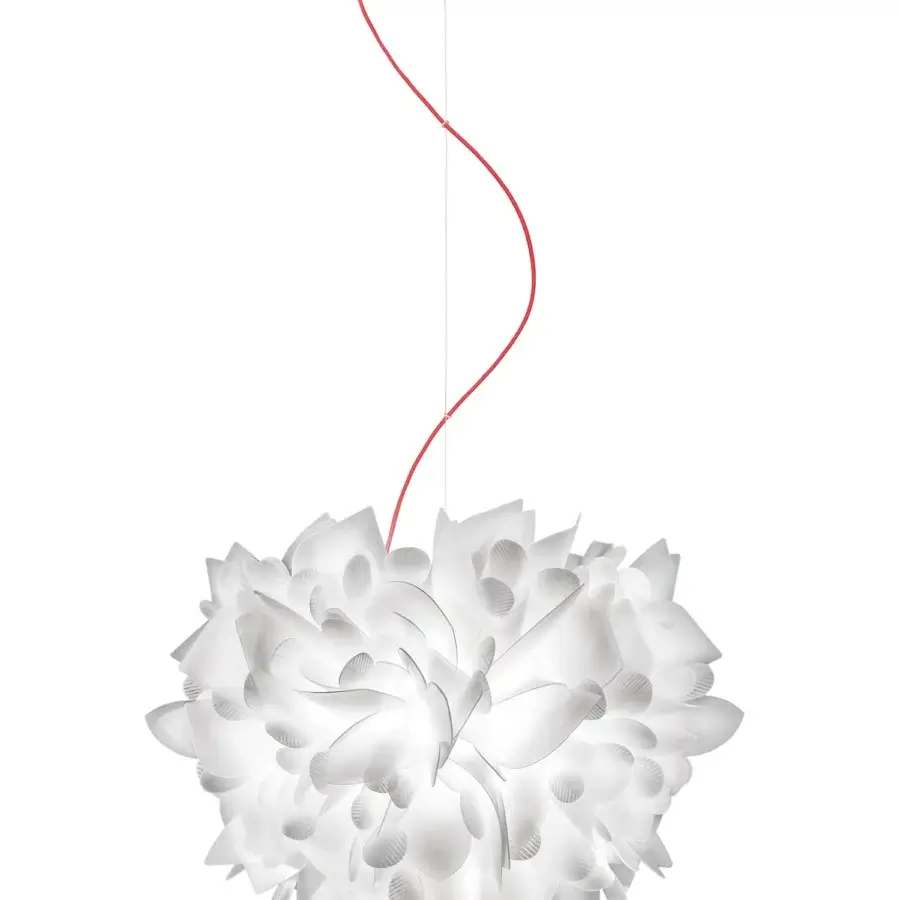 Innovative Slamp Veli Foliage suspension lamp with organic petal elements in uniform white synthetic material and soft diffusion