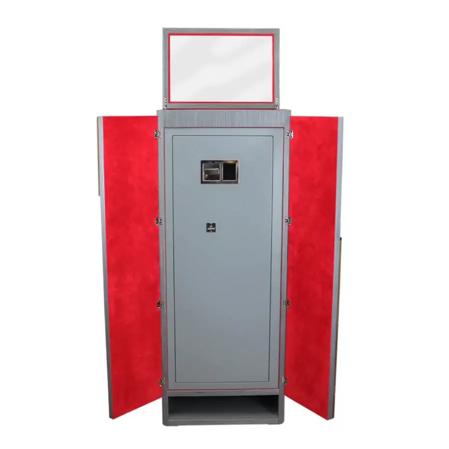 Luxury Agresti Gioia Moderno armoire in vertical grey wood grain finish with red interior textile lining