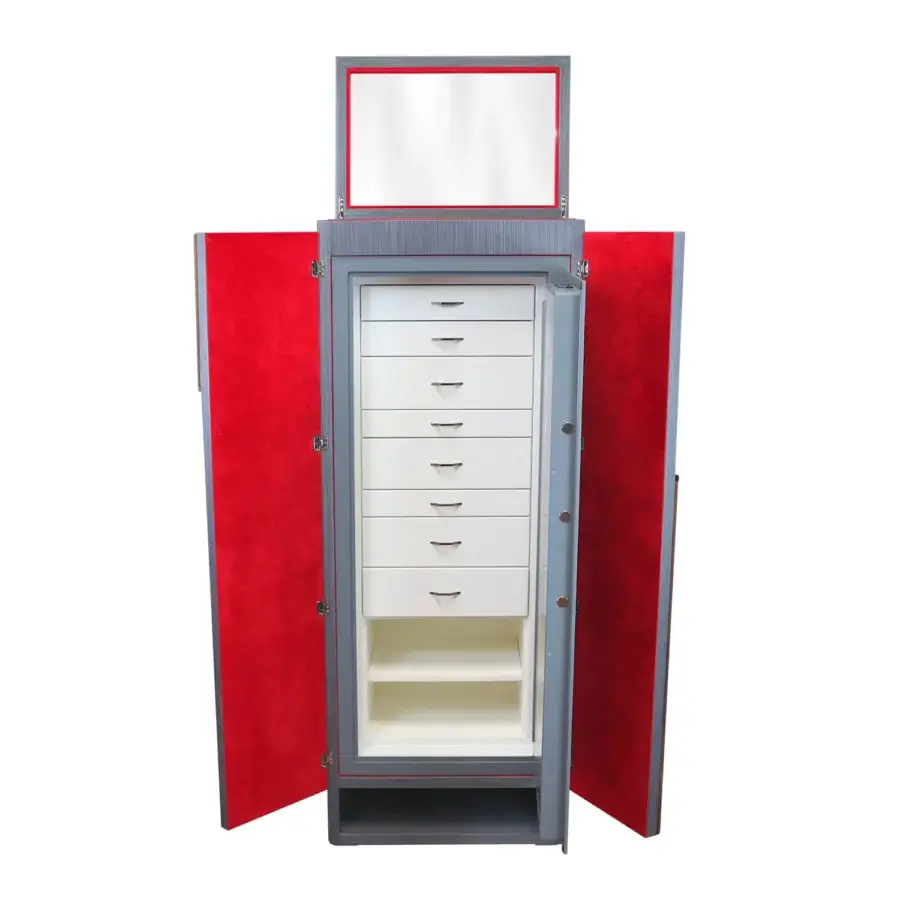 Sophisticated Agresti Gioia Moderno armoire in matte grey vertically grained wood with striking red textile interior safe