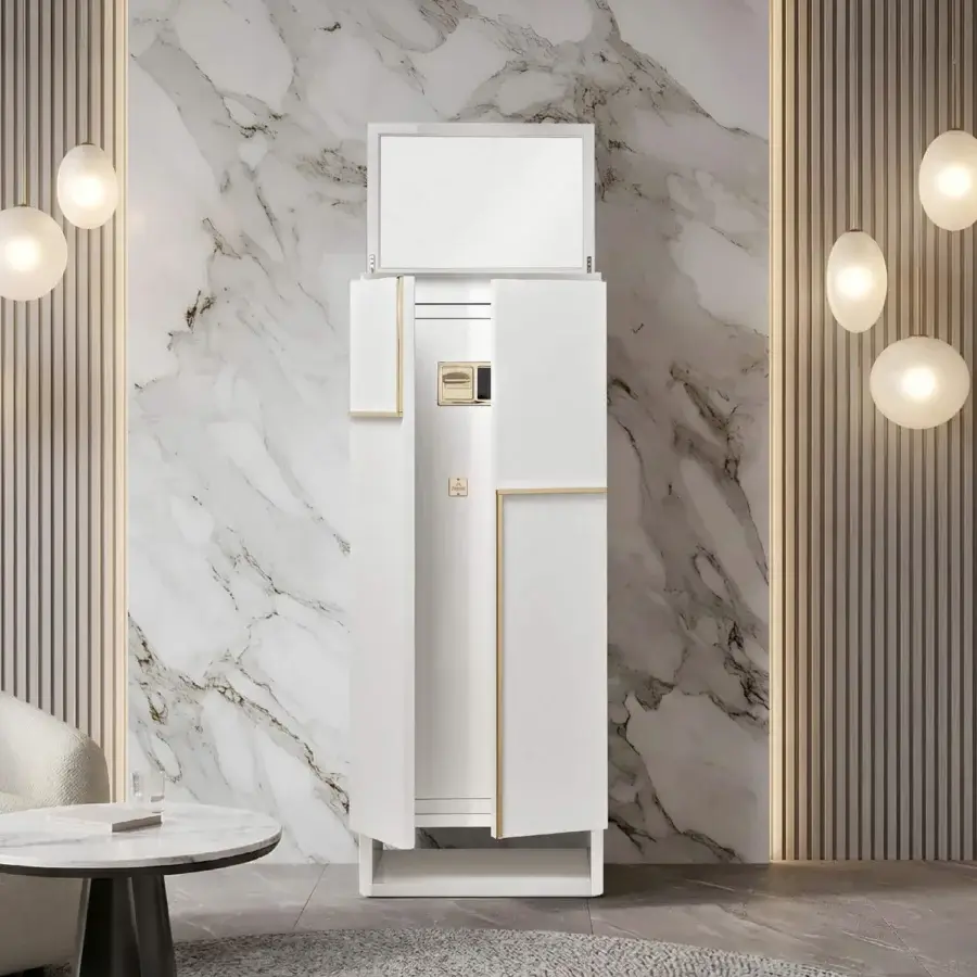 Exquisite Agresti armoire featuring matte white finish satin gold metallic trim clean vertical lines<