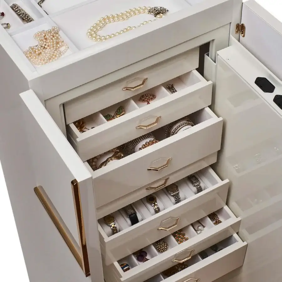 Sophisticated Agresti Gioia Moderno armoire in white wood with gold handles and interior safe