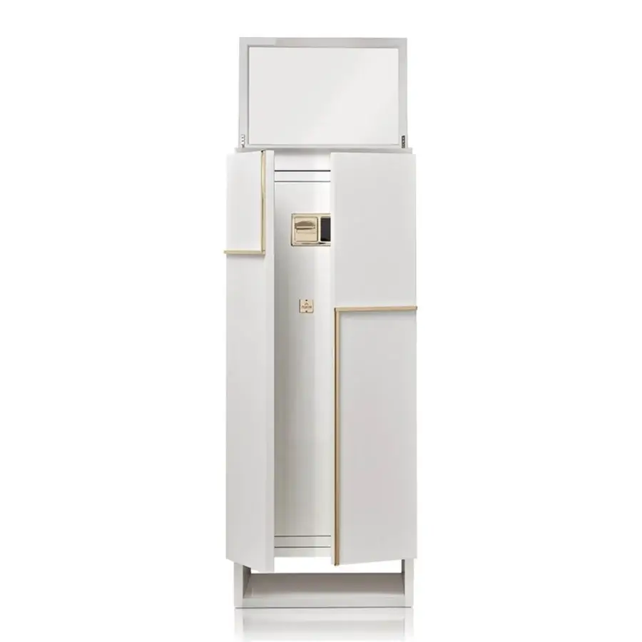 Luxury Agresti Gioia Moderno armoire in matte white wood with bold gold-toned trim and an integrated armored safe finish