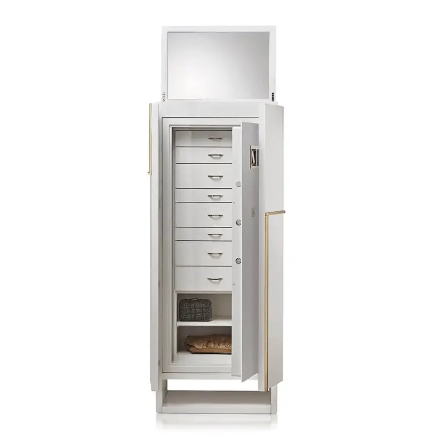 Sophisticated Agresti Gioia Moderno armoire featuring high gloss white finish and gold toned hardware