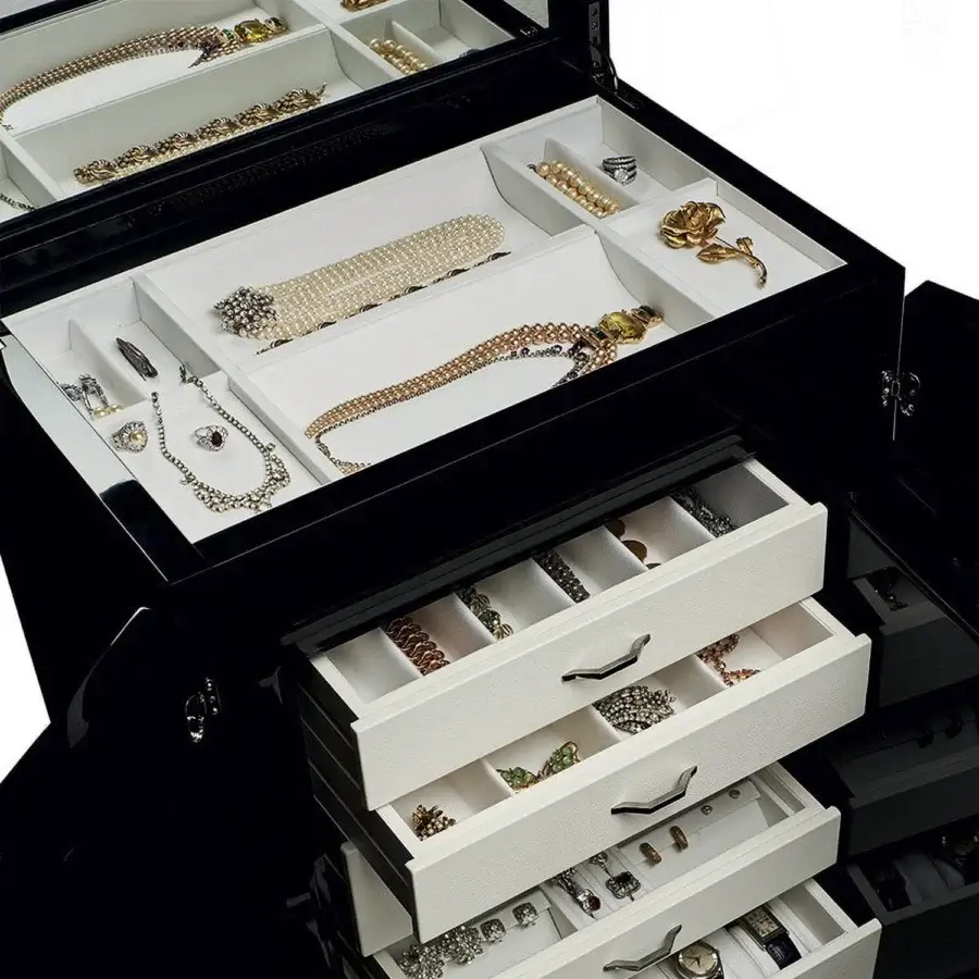 Luxury Agresti Gioia Moderno armoire with integrated armored safe, sleek high-gloss black wood and white drawer fronts