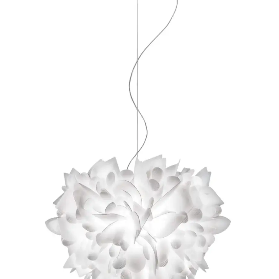 Refined Slamp Veli Foliage suspension lamp with over 268 handcrafted folds forming white petal-like elements and slender grey cable