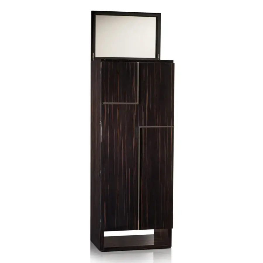 Luxury Agresti Gioia Moderno armoire in dark wood with vertical grain patterns asymmetric linear design and armored safe