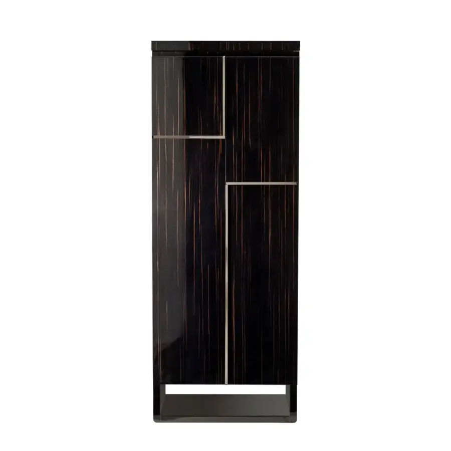 Luxury Agresti Gioia Moderno armoire in black wood with orange-brown grain patterns metallic linear inlays open metal base
