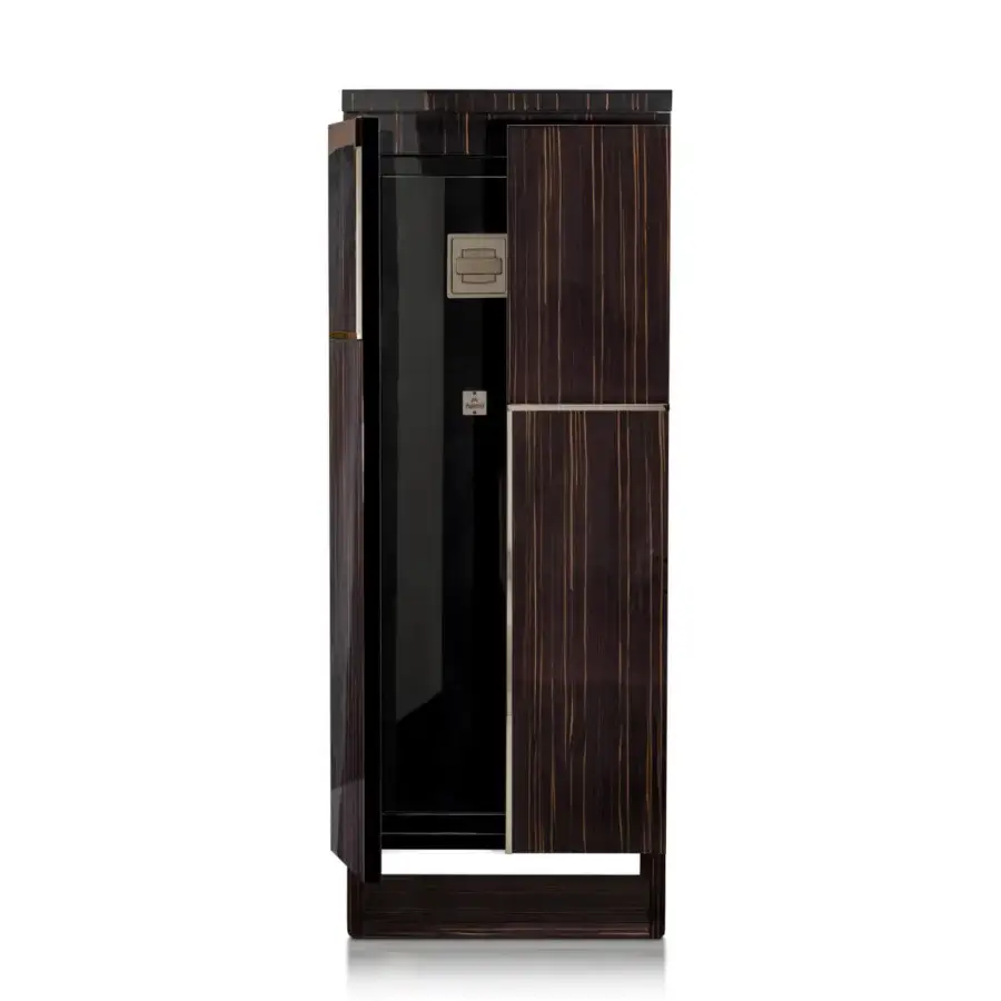 Exquisite Agresti armoire with safe in dark polished wood, high-gloss grain, metallic trim, and black interior