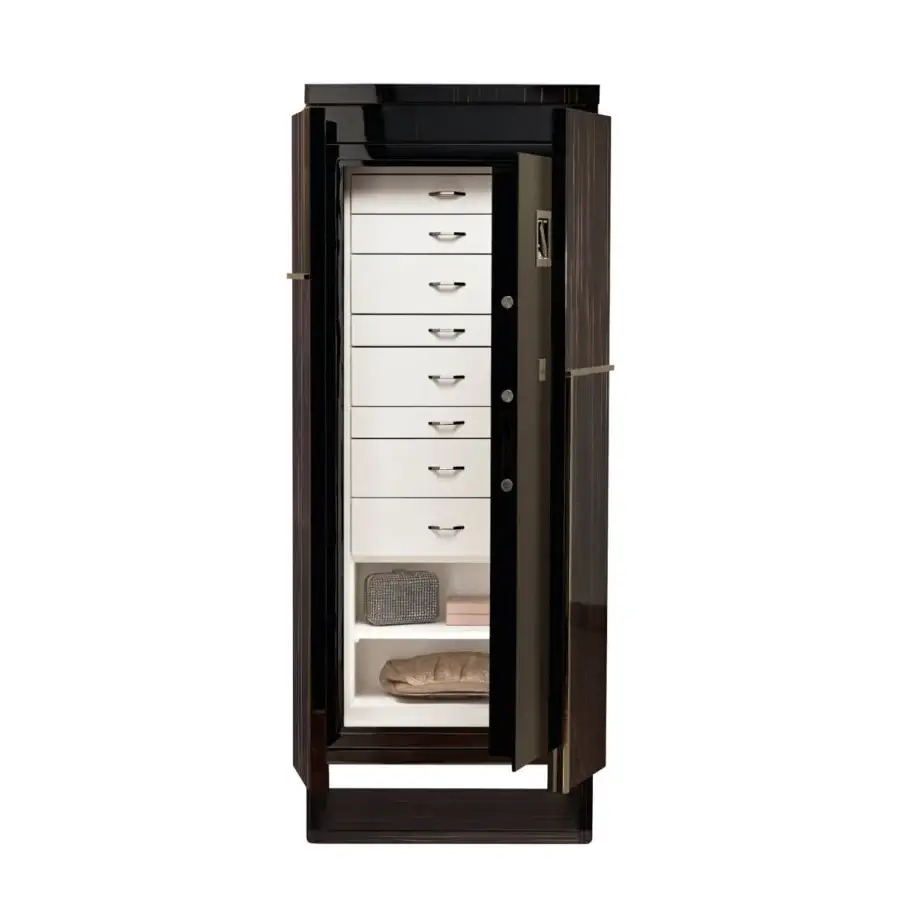 Luxury Agresti Gioia Moderno armoire in dark wood with high-gloss vertical graining, matte white interior and metal trim