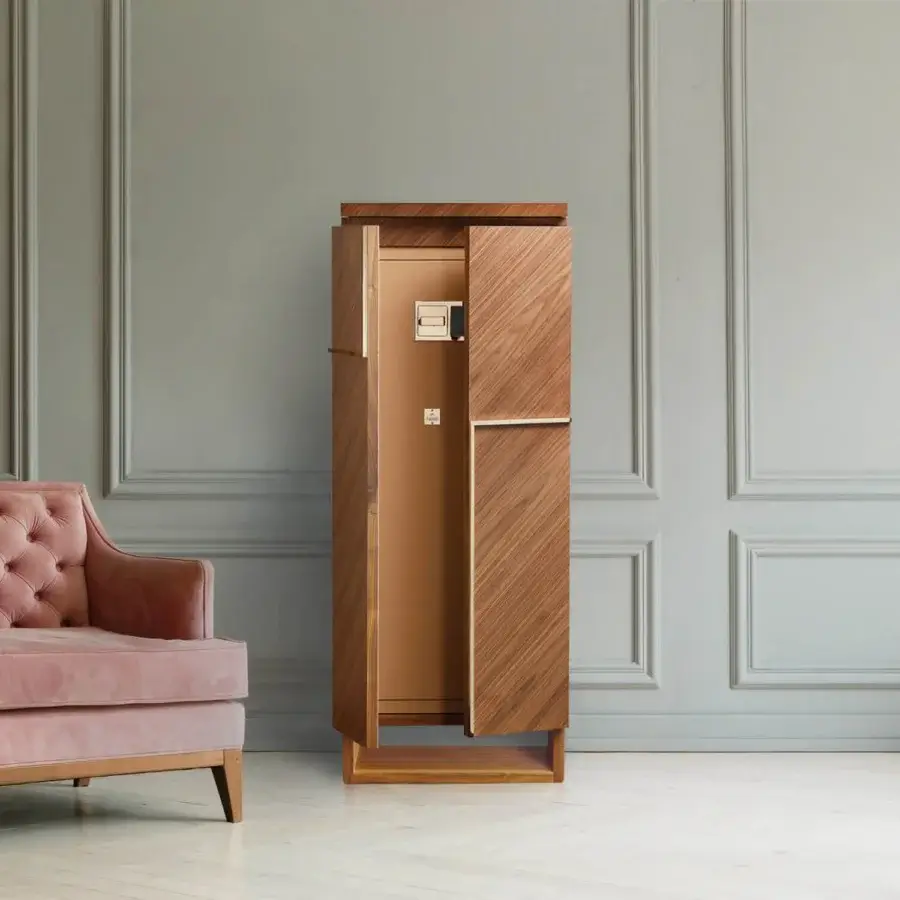Refined Agresti Gioia Moderno armoire in brown wood with matte finish graphic doors and metallic hardware base