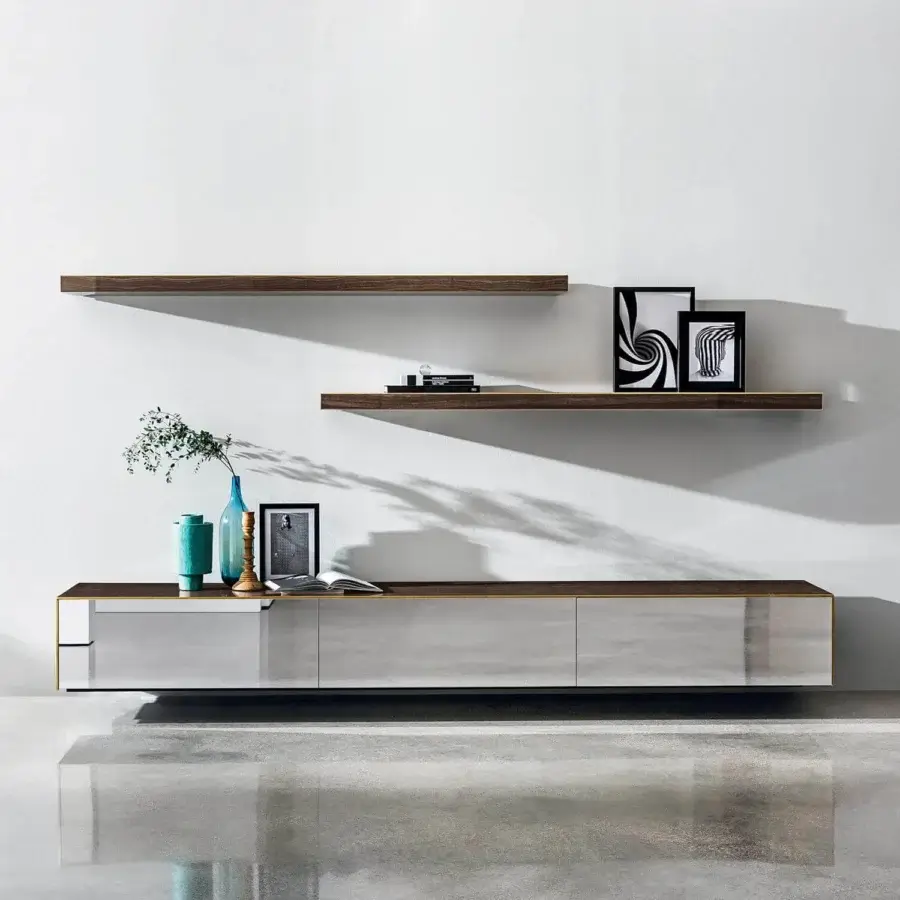 Elegant Sovet Italia Magda shelf with robust steel and dark brown ceramic, exhibiting a smooth matte finish