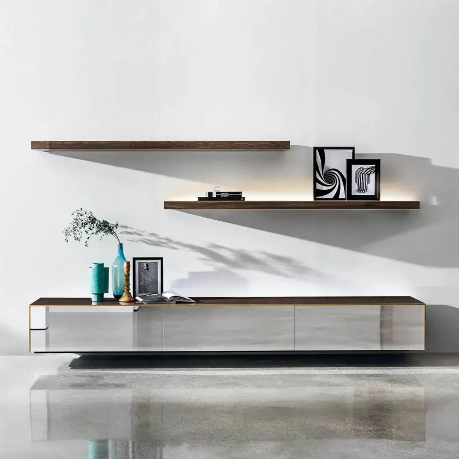 Distinctive Sovet Italia Magda shelf with a steel structure and dark brown ceramic cover, exhibiting a smooth finish and integrated lighting