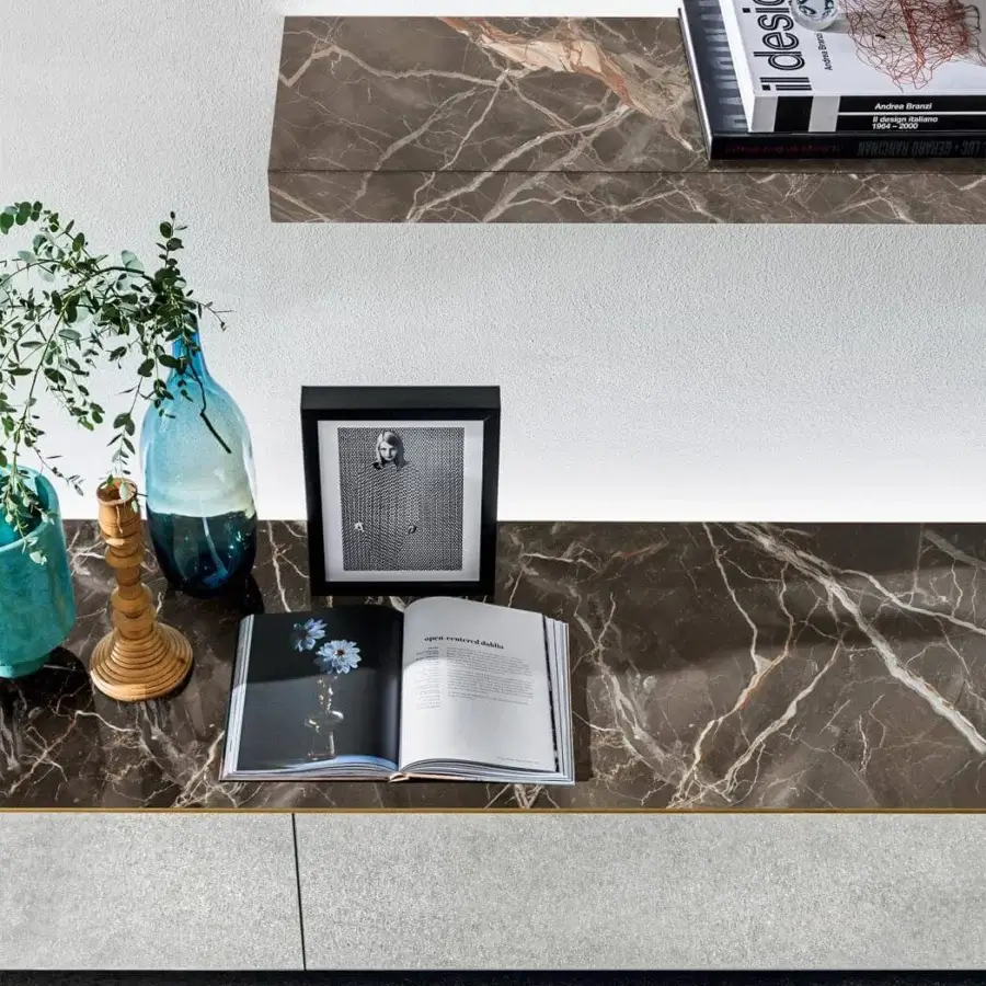 Superior Sovet Italia Magda shelf with a sleek steel structure and rich brown marble-like ceramic cover