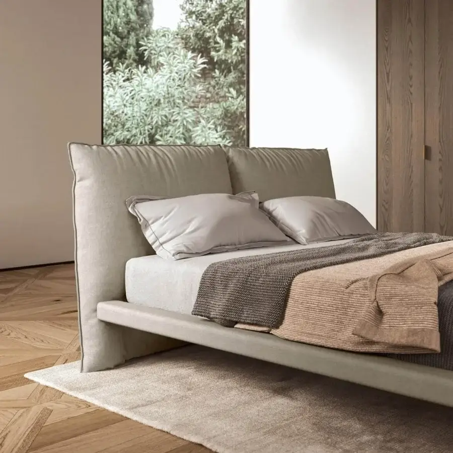 Lavish Presotto Fez bed with light grey fabric upholstery, padded headboard and discreet beech with sleek metal support