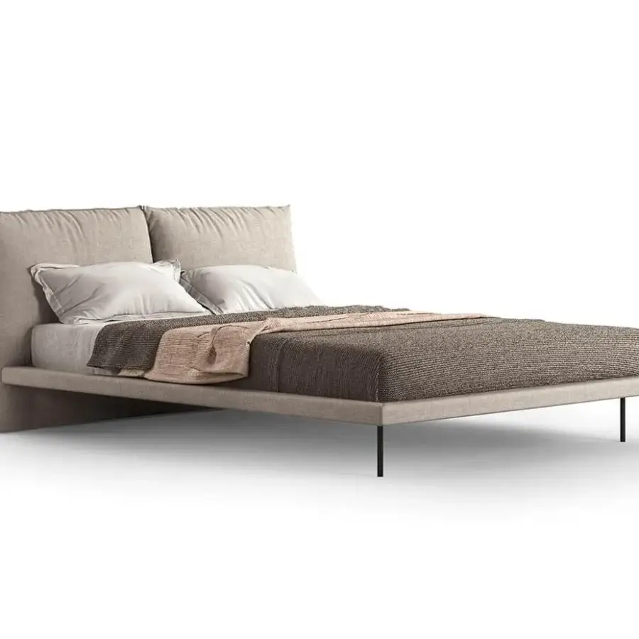 Distinguished Presotto Fez bed with light beige fabric upholstery, sleek metal feet and gently rounded headboard crafted in Italy