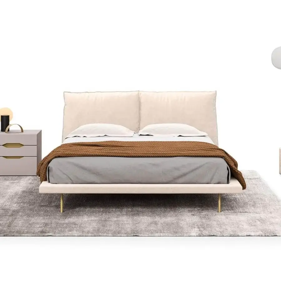 Exceptional Presotto Fez bed with light beige textile upholstery, minimal beech structure and sleek metal feet