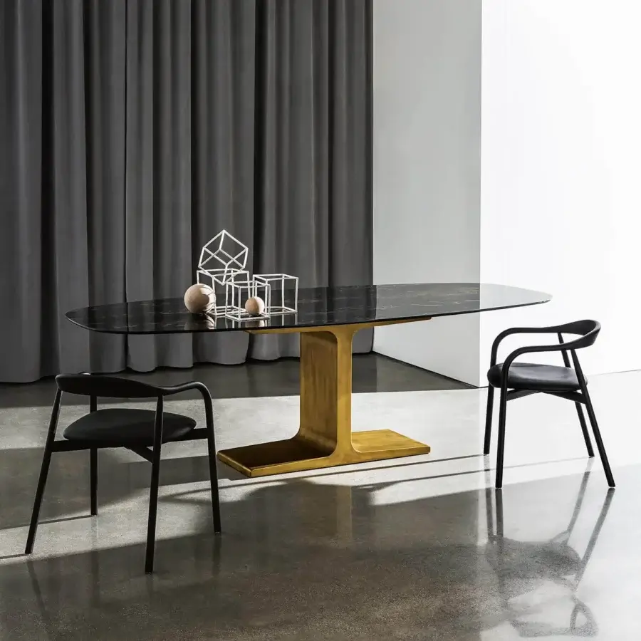 Exceptional Sovet Italia Palace table with a burnished designer base and glossy laminated ceramic top displaying subtle patterns