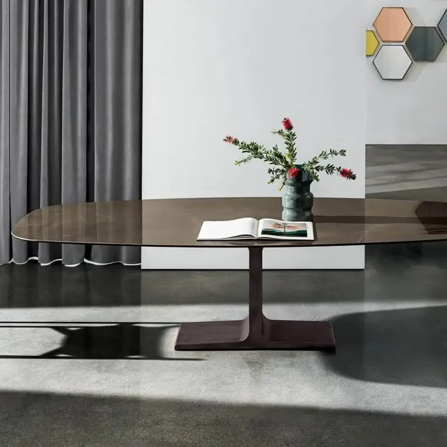 Exclusive Sovet Italia Palace table crafted with lacquered metal in burnished finish and laminated ceramic top