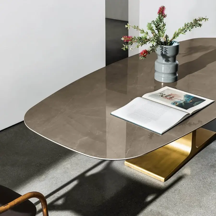 Superior Sovet Italia Palace table with warm brown marble-patterned laminated ceramic top and glossy golden lacquered metal base