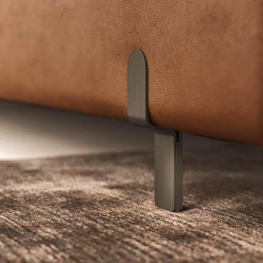 Superior Presotto Niobe bed crafted in Italy with padded tan leather and a matte dark metal leg
