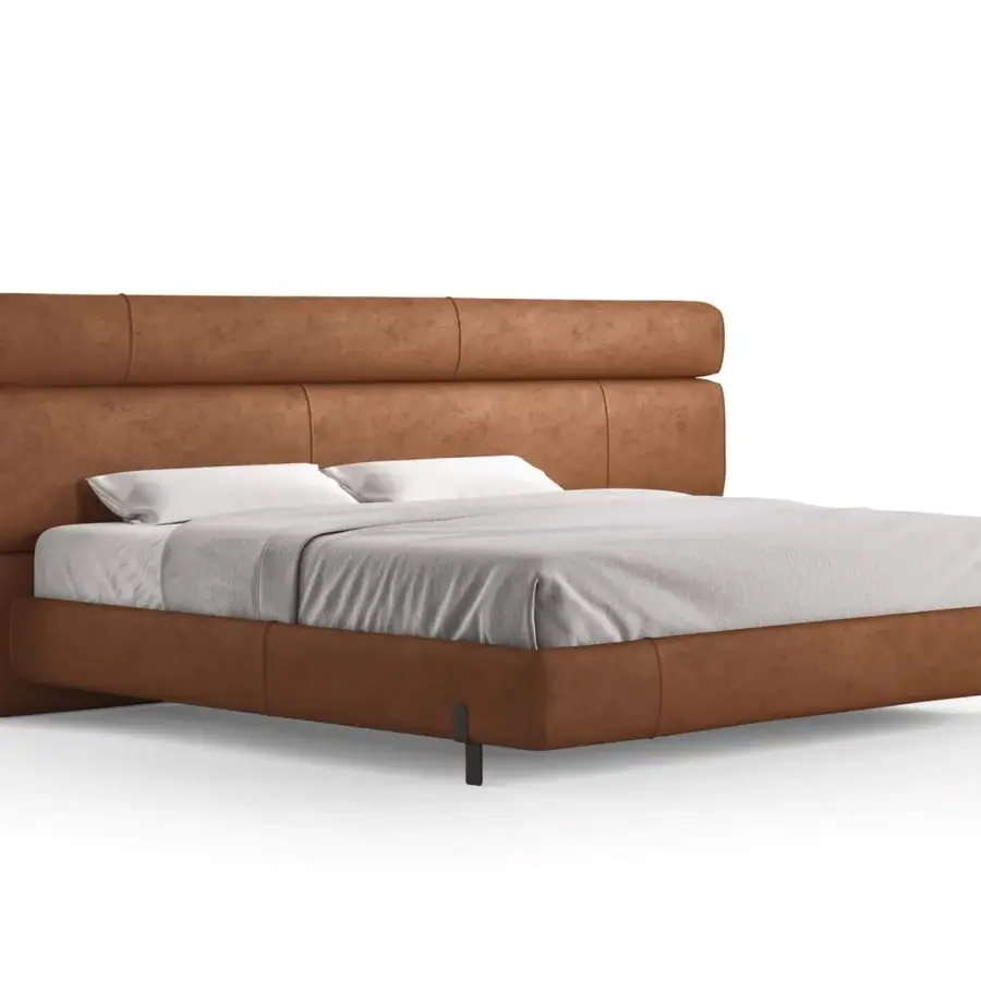 Captivating Presotto Niobe bed with segmented headboard upholstered in medium brown leather and matte finish