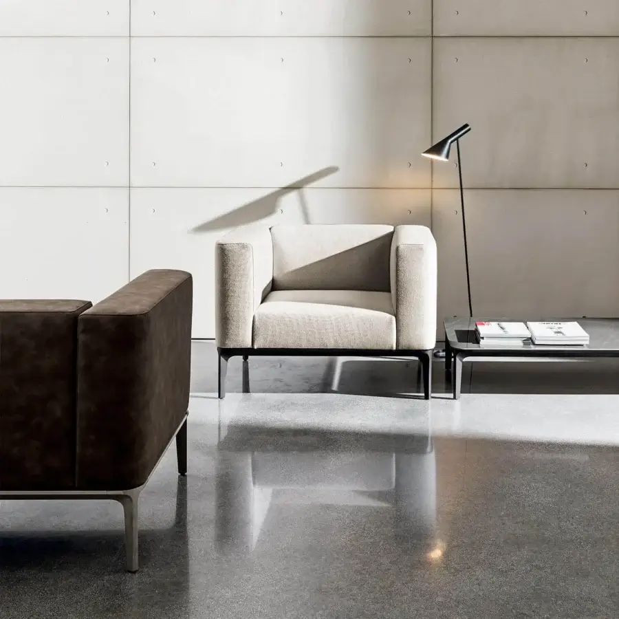 Distinguished Sovet Italia Slim lounge chair with light beige European fabric upholstery and dark lacquered aluminum structure