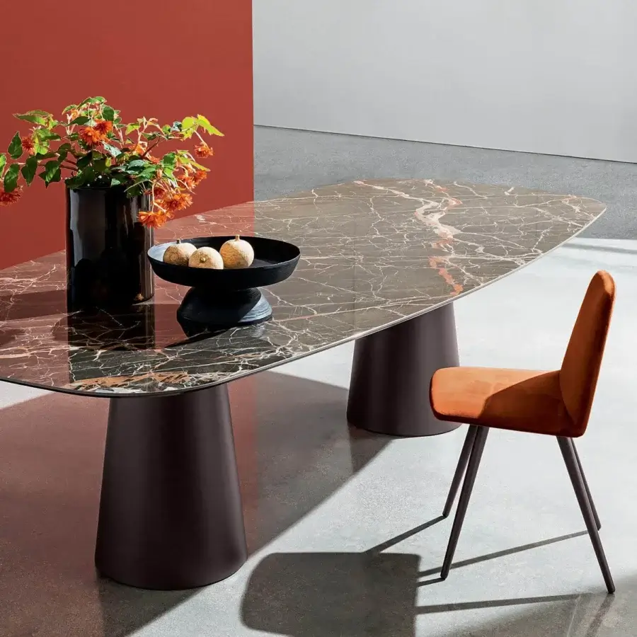 Captivating Sovet Italia Totem Two Bases table with shaped ceramic top and dark brown lacquered metal bases in glossy and matte finishes