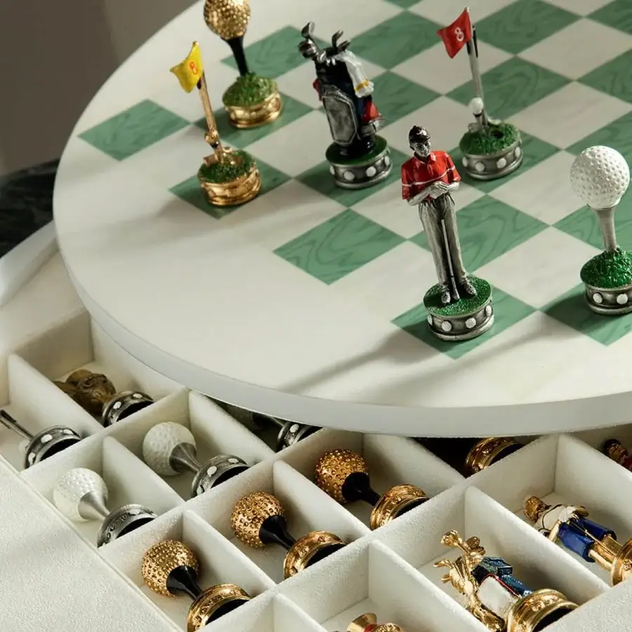 Exquisite Agresti Golf Club chess set featuring white bird eye maple green oak board gold silver pieces
