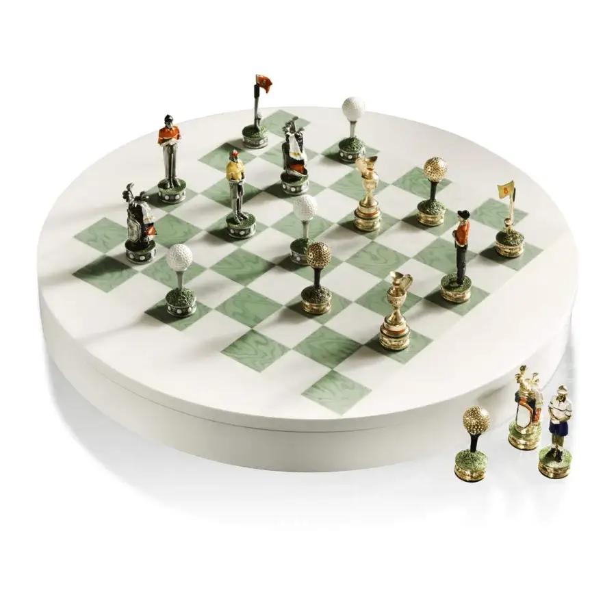 Luxury Agresti Golf Club chess set in bird eye maple and green oak with polished finish and hand painted metal…