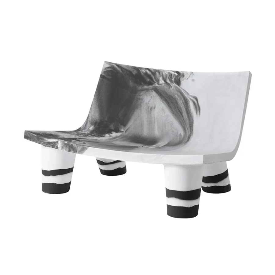 Luxury Slide Low Lita Love sofa in white polyethylene with matte finish black ink wash pattern and horizontal leg banding