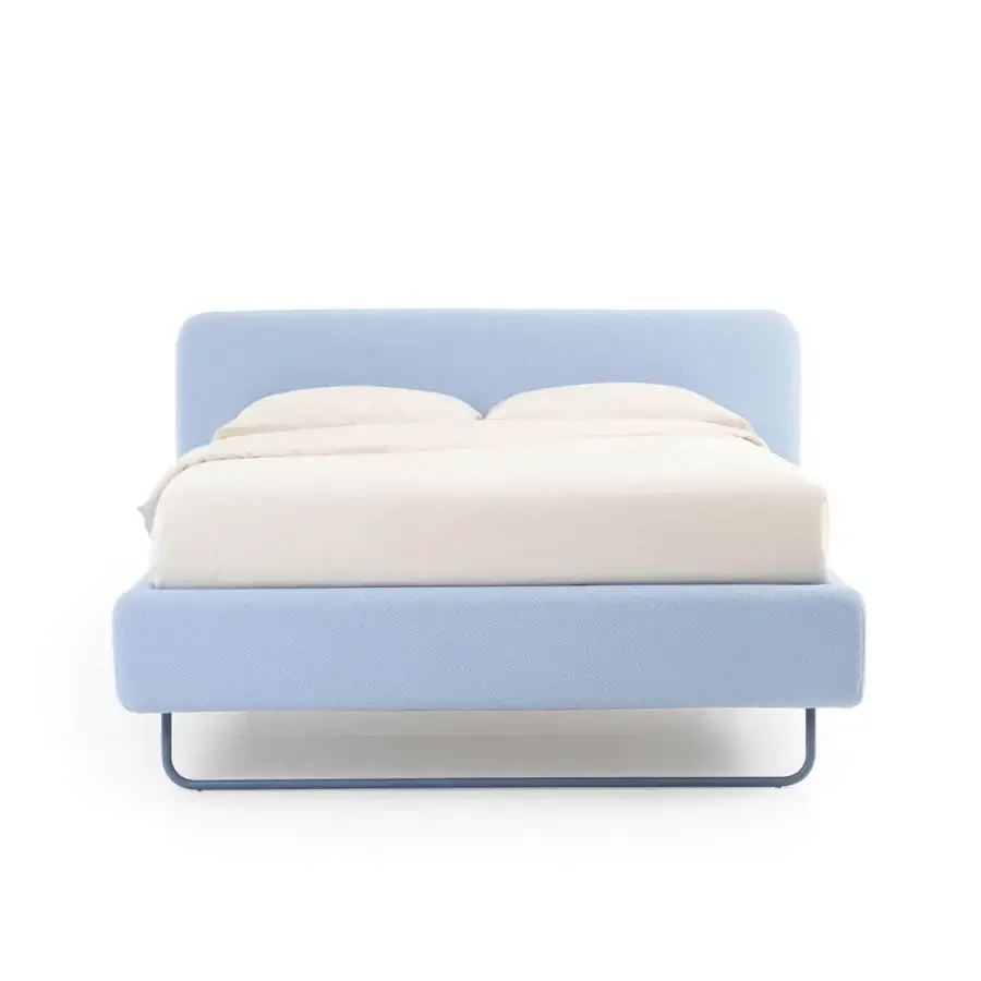 Elegant Noctis Doxy Wide bed in light blue textured textile and matte finish with metal base