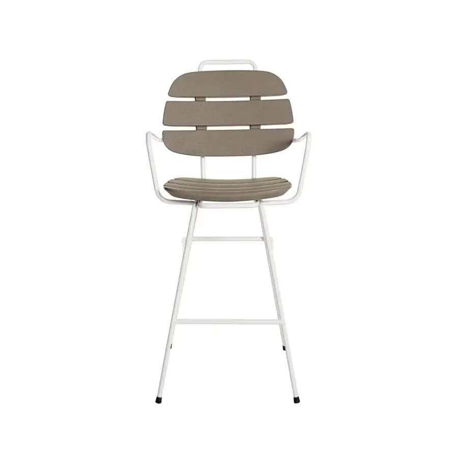 Luxury Slide Ribs Up stool in grayish-brown synthetic slats with bright white metal frame and architectural silhouette