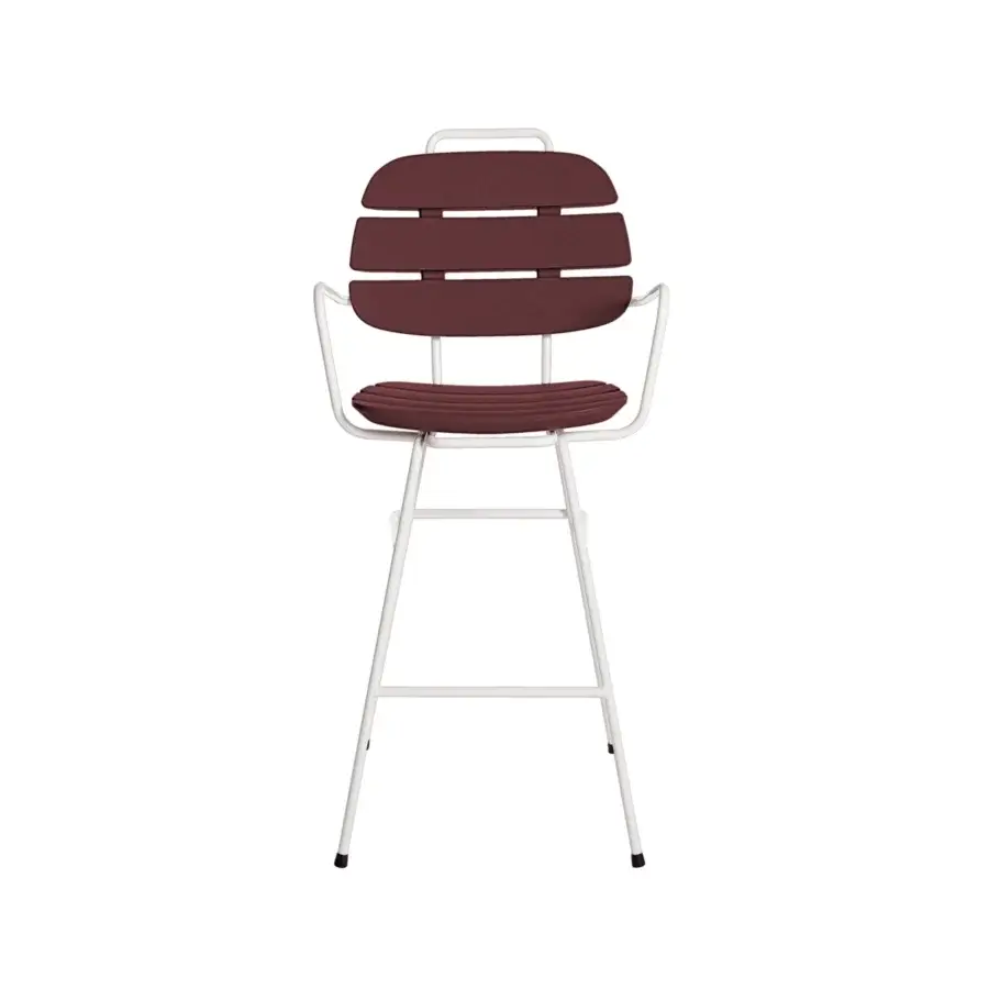 Distinctive Slide Ribs Up stool with burgundy slatted seat and white metal frame matte finish