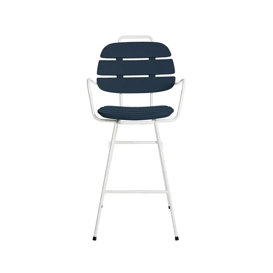 Sophisticated Slide Ribs Up stool featuring dark navy blue synthetic slats and semi gloss white metal legs