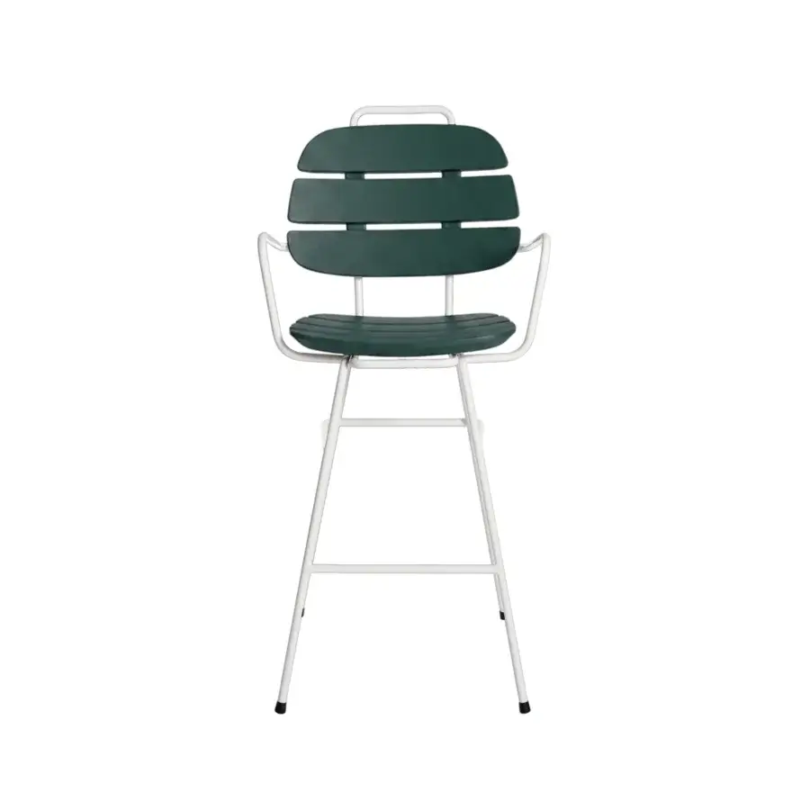 Luxury Slide Ribs Up stool with dark green synthetic slats and bright white metal frame in smooth matte Italian finish