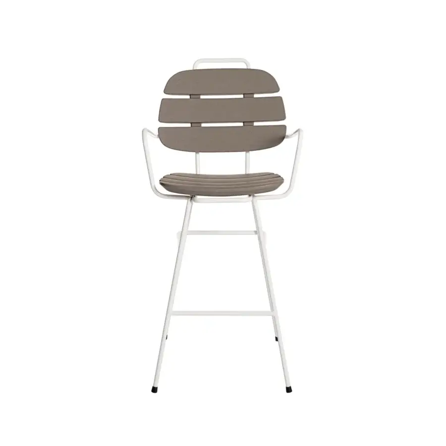 Luxury Slide Ribs Up stool with matte white metal tubular frame and grayish brown synthetic horizontal slat seat backrest