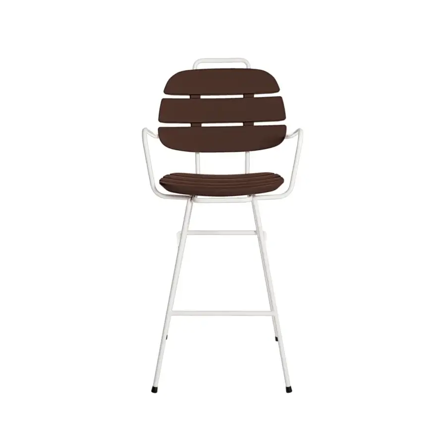Sophisticated Slide Ribs Up high stool featuring dark brown slats and a thin tubular metal frame in white