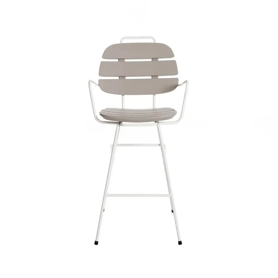 Luxury Slide Ribs Up stool with crisp white painted metal frame and muted brownish grey synthetic ribbed slats crafted