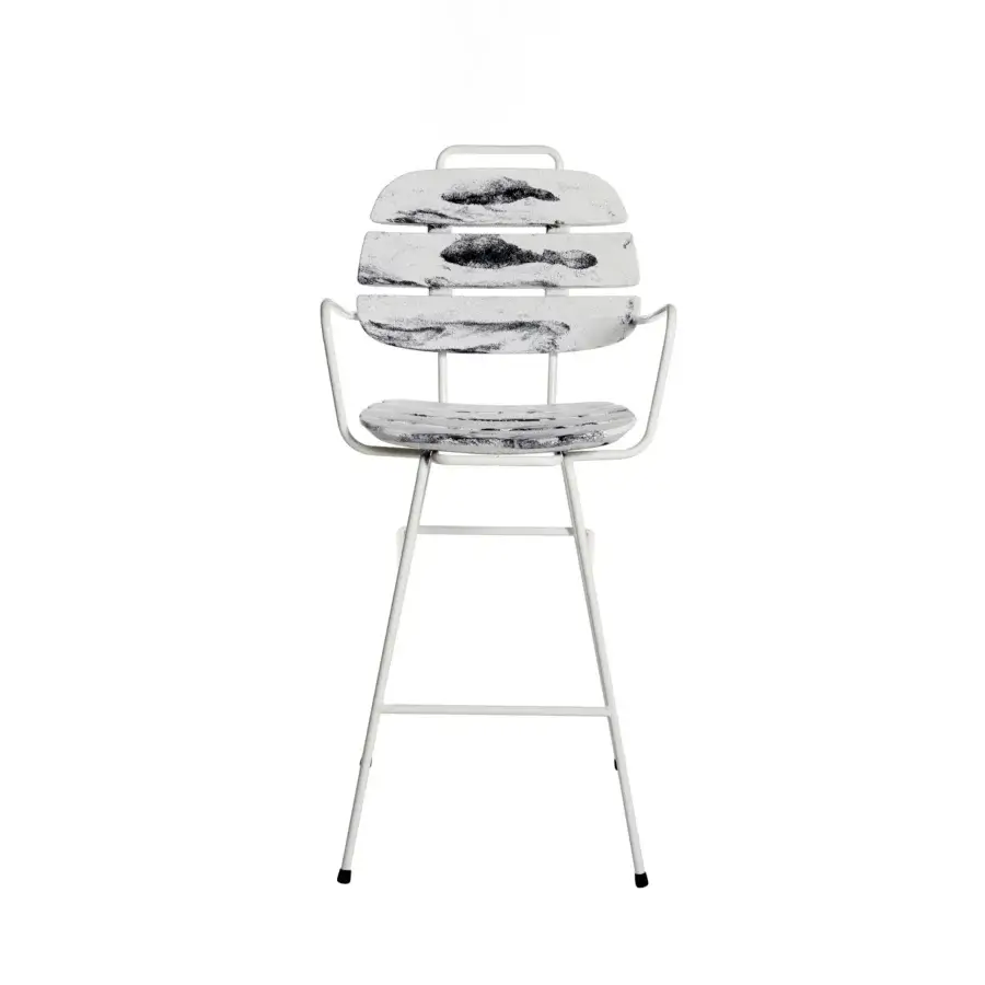 Elegant Slide Ribs Up stool with sculptural metal frame, matte white finish plus contrasting distressed dark grey slats