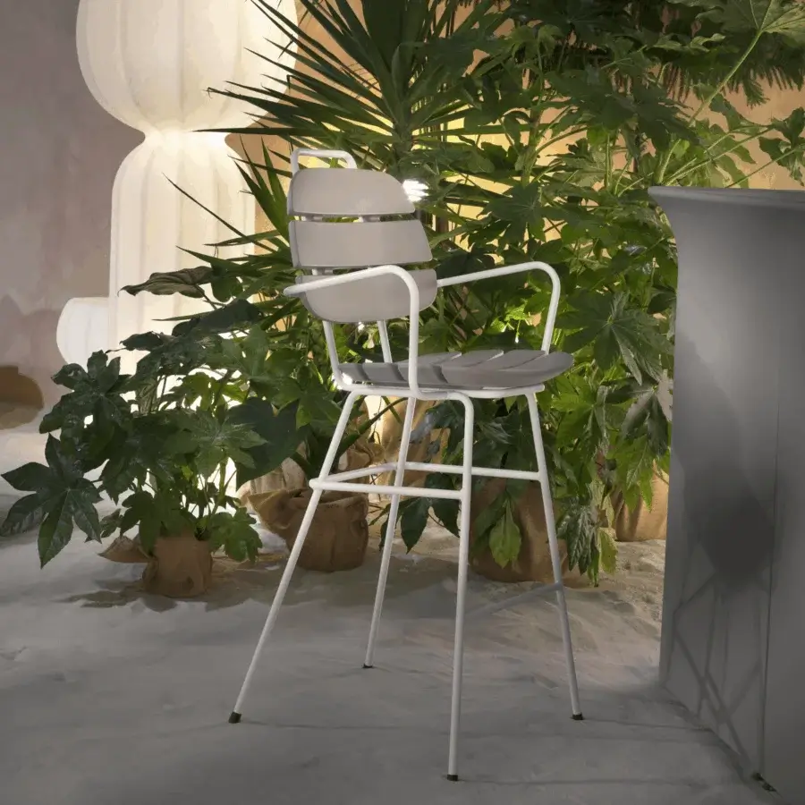 Luxury Slide Ribs Up stool with minimalist light gray slatted seat and backrest held inside bright white tubular metal