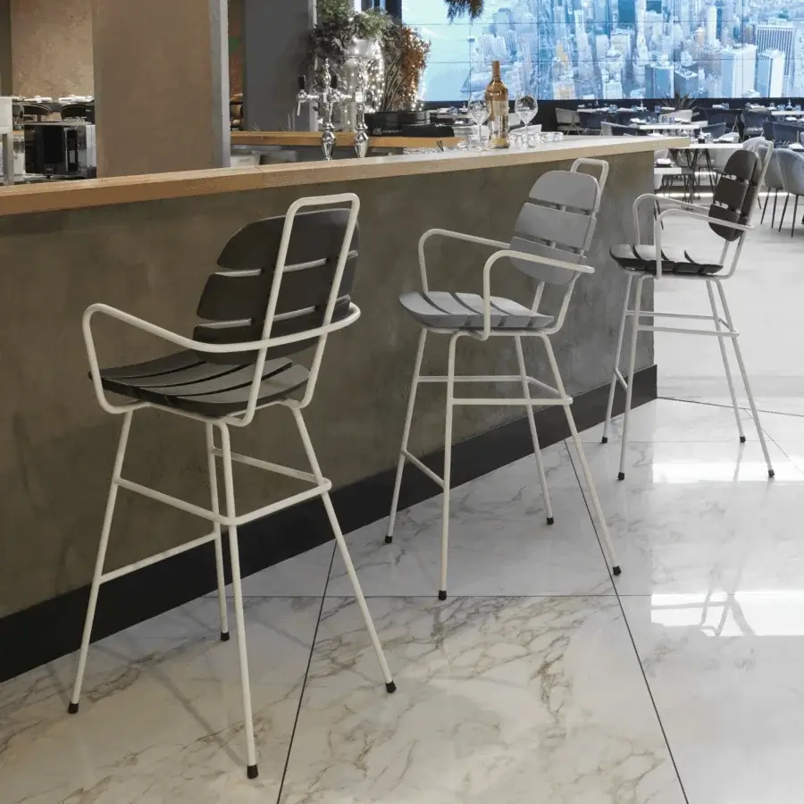 Luxury Slide Ribs Up high stool with matte white tubular metal frame and contrasting dark grey synthetic seat backrest