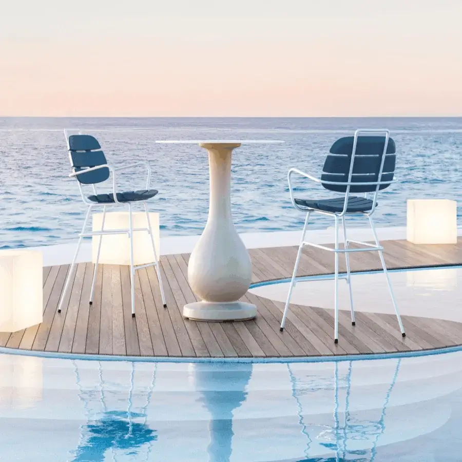 Luxury Slide Ribs Up stool with architectural slender white metal frame plus contoured dark blue matte slatted seat