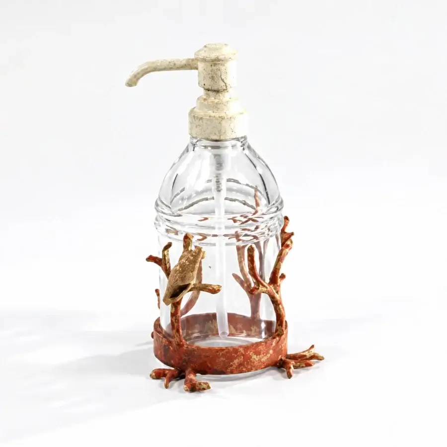 Sophisticated Selezioni Domus Traditional Corallo bathroom item set featuring transparent glass dispenser with rust-red base