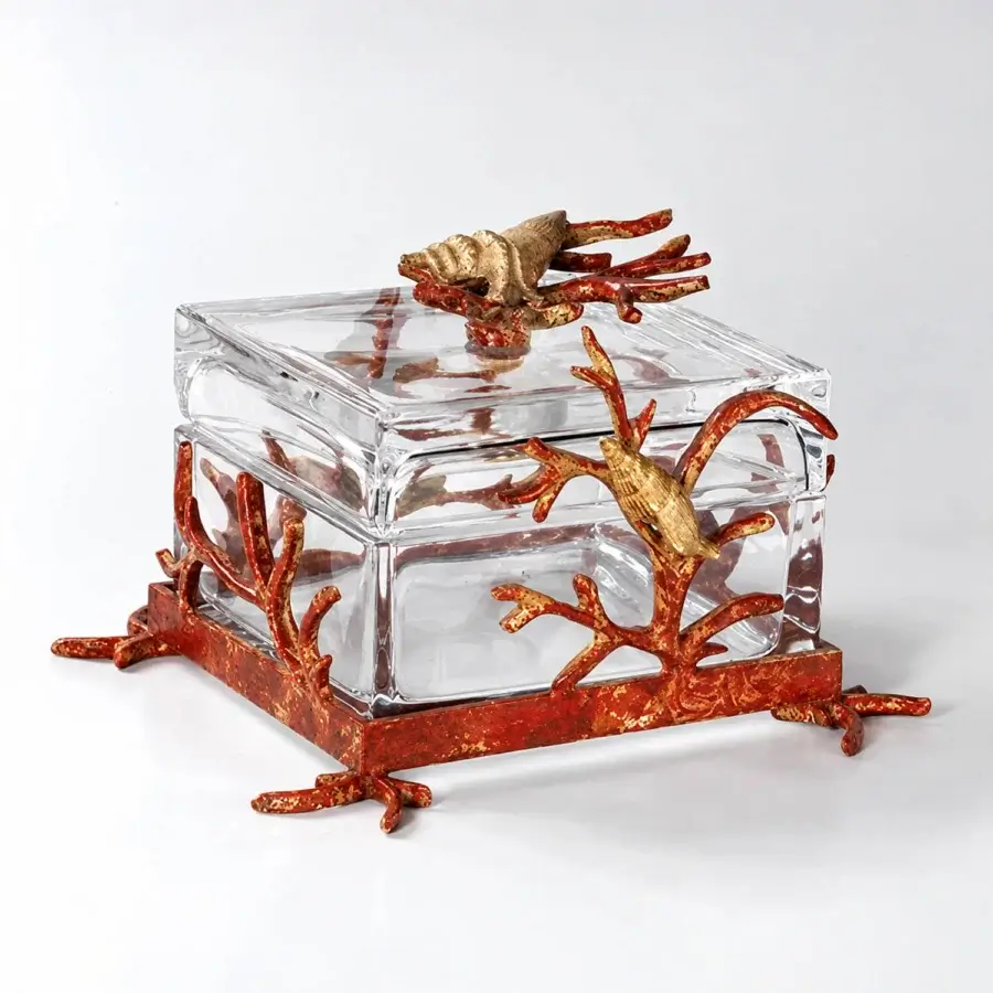 Sophisticated Selezioni Domus Corallo storage box featuring transparent glass inside textured reddish-orange metal with gold-toned distressing