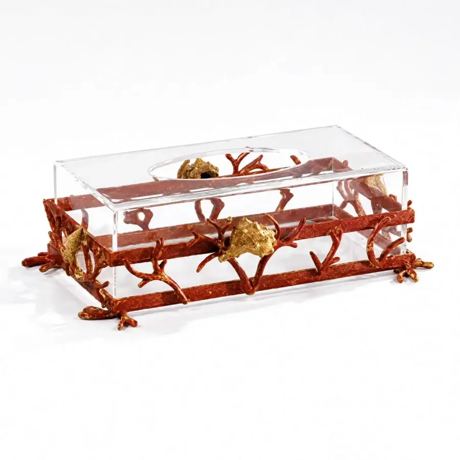 Elegant Selezioni Domus Corallo tissue box cover in transparent synthetic lid with reddish-brown metal base coral branches
