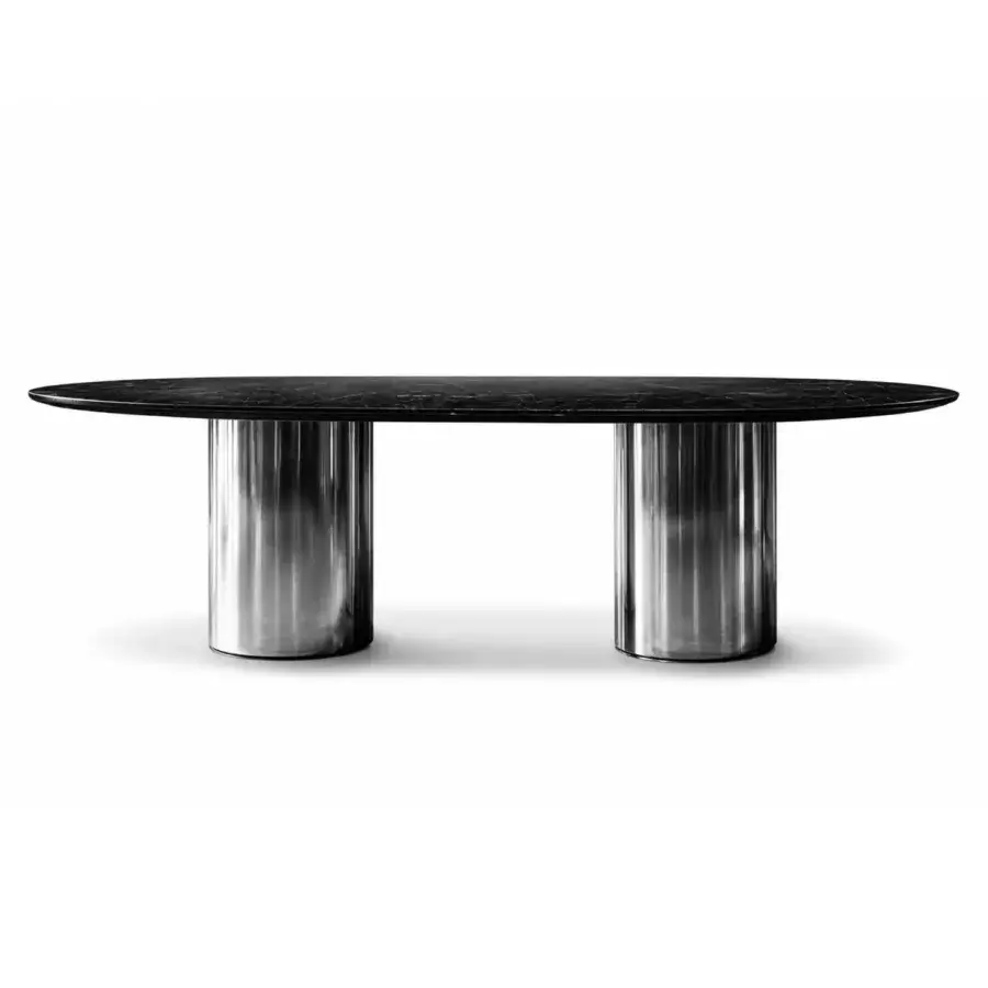 Exquisite JR Home Darren JR Oval Table with natural quarried marble top and nickel black antique columns