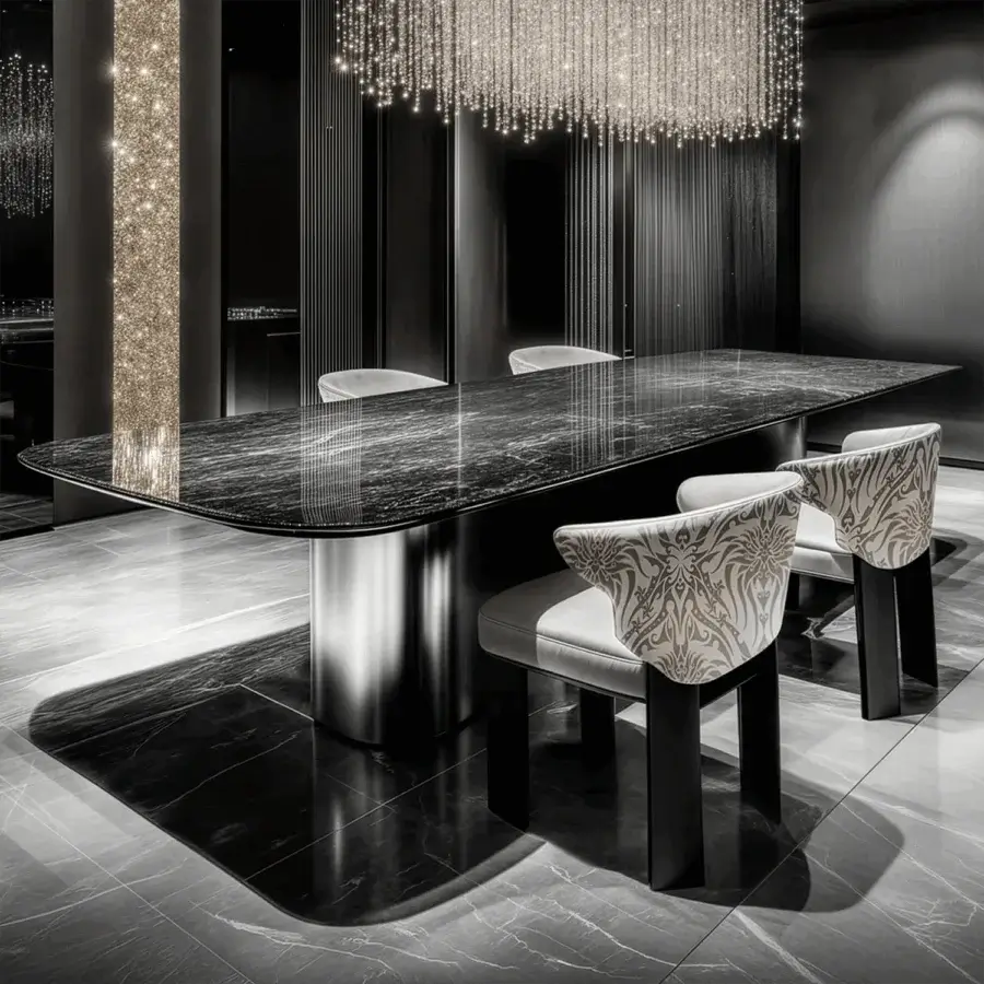 Luxury Darren JR-152-R rectangular table with natural quarried marble top and reflective Nickel Black Antique columns